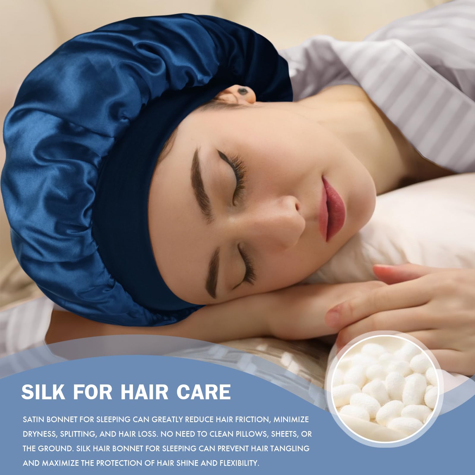 Doitory bonnet worn on curly hair demonstrating overnight protection and reduced tangles