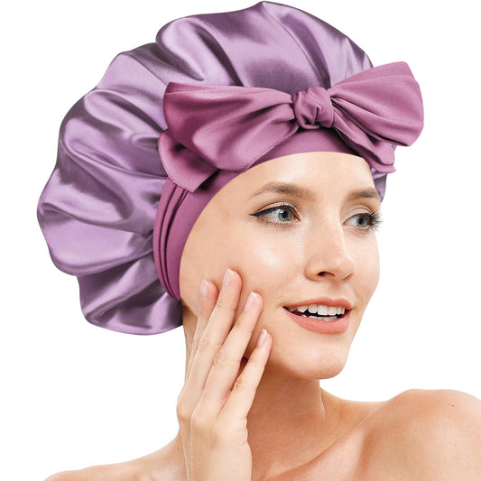 Doitory front view of bonnet showing color and fit, protects hair overnight