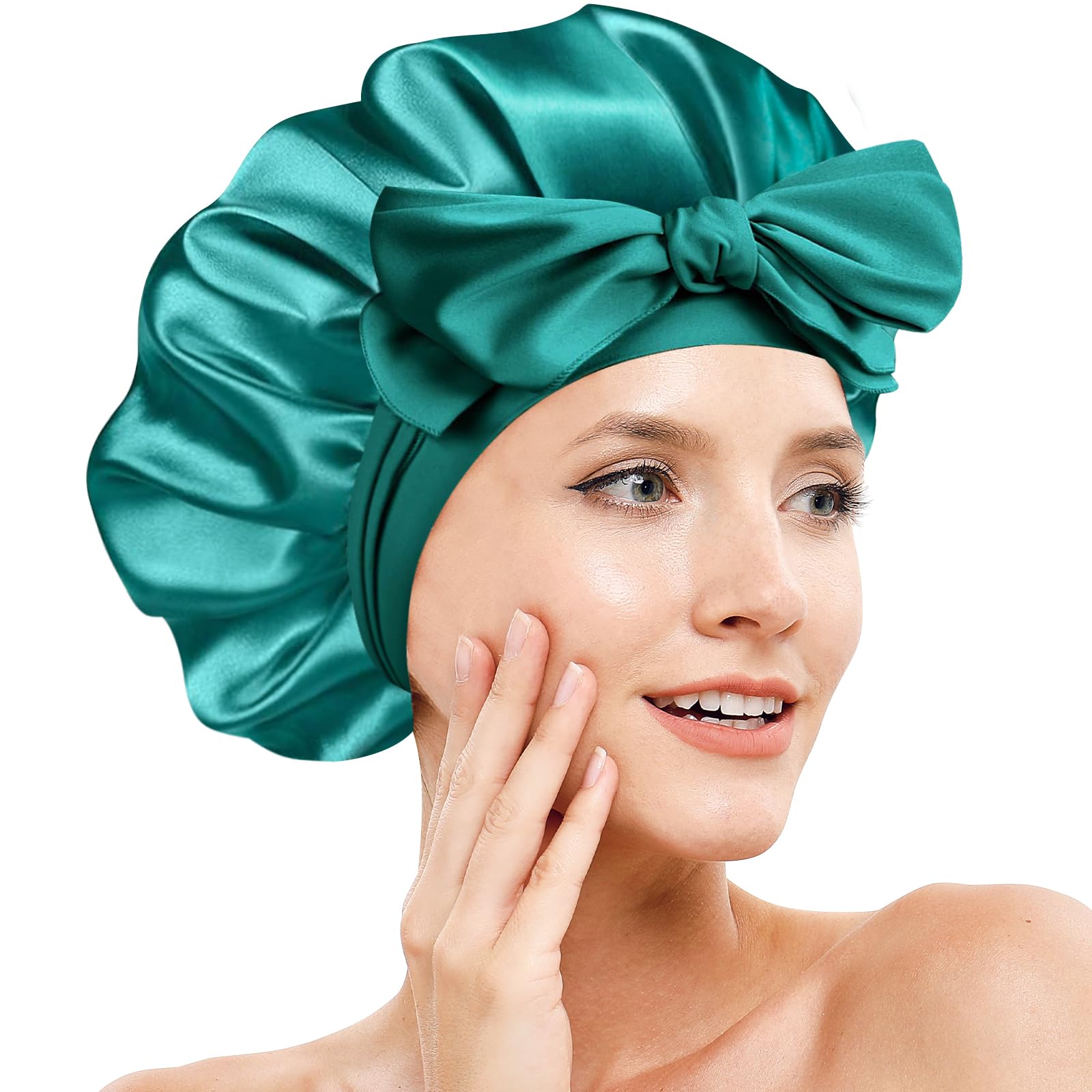 Doitory front view satin bonnet showing smooth fabric and secure fit benefits