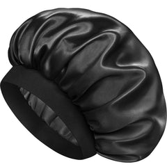 Doitory front view bonnet showing neat fit and sleek black satin for protected hair