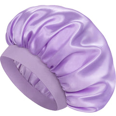 Doitory front view of purple satin bonnet showing smooth finish and coverage benefit