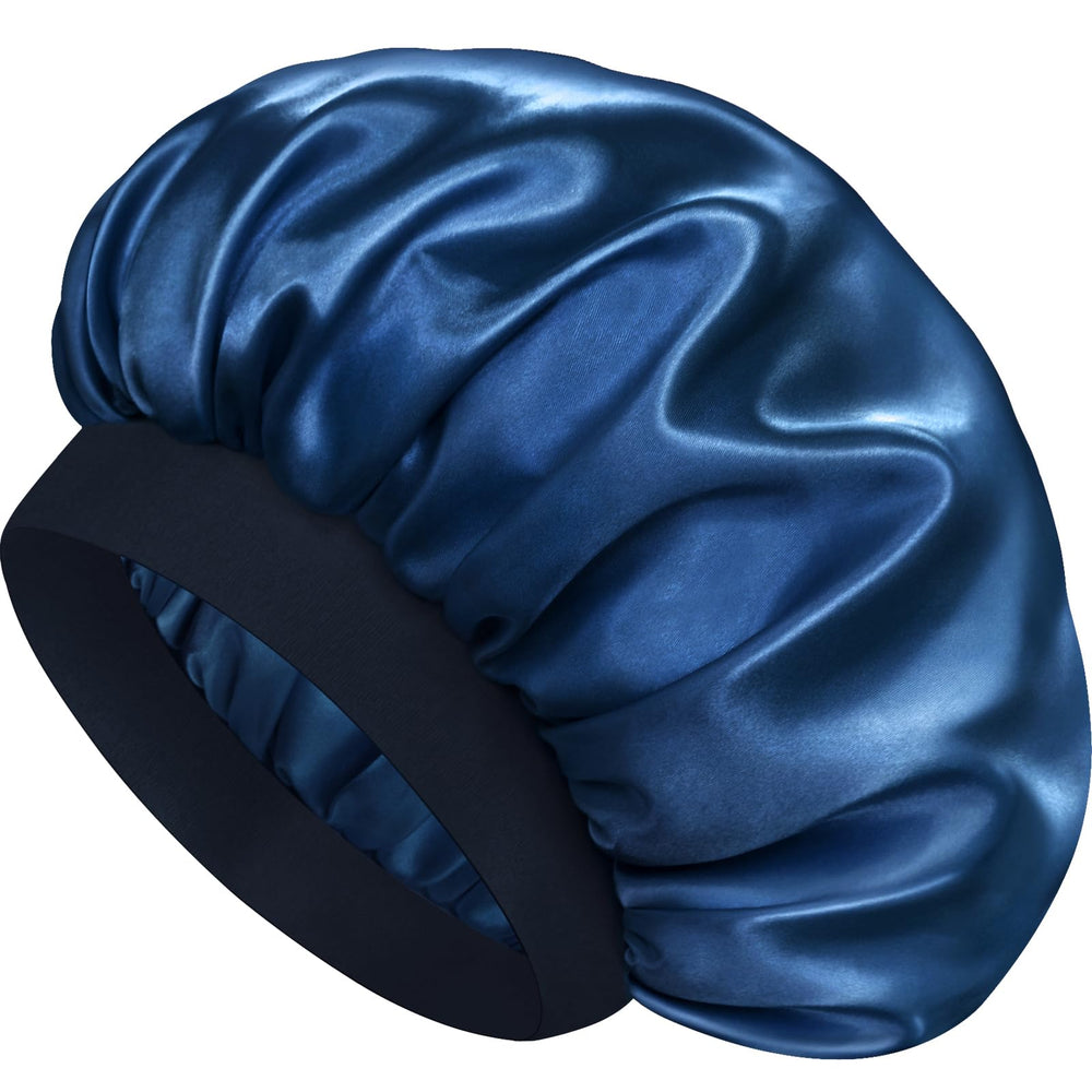 Doitory navy bonnet front view showing full shape and secure fit benefit hair protection