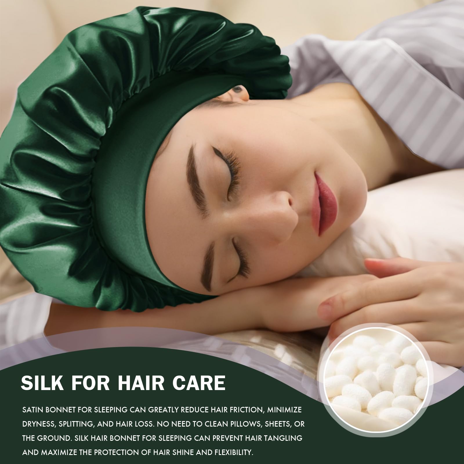 Doitory bonnet on model sleeping showing secure protection and reduced frizz