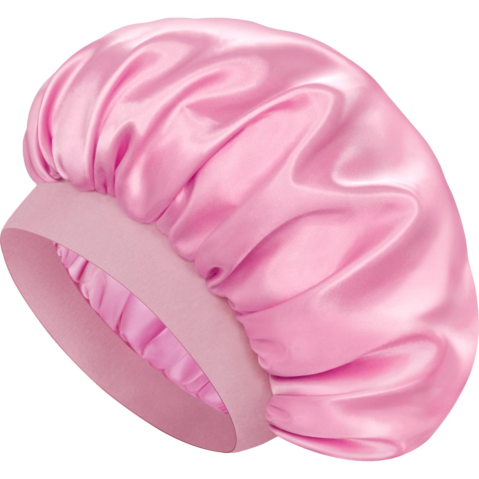 Doitory pink bonnet front view shows smooth satin and secure fit benefits