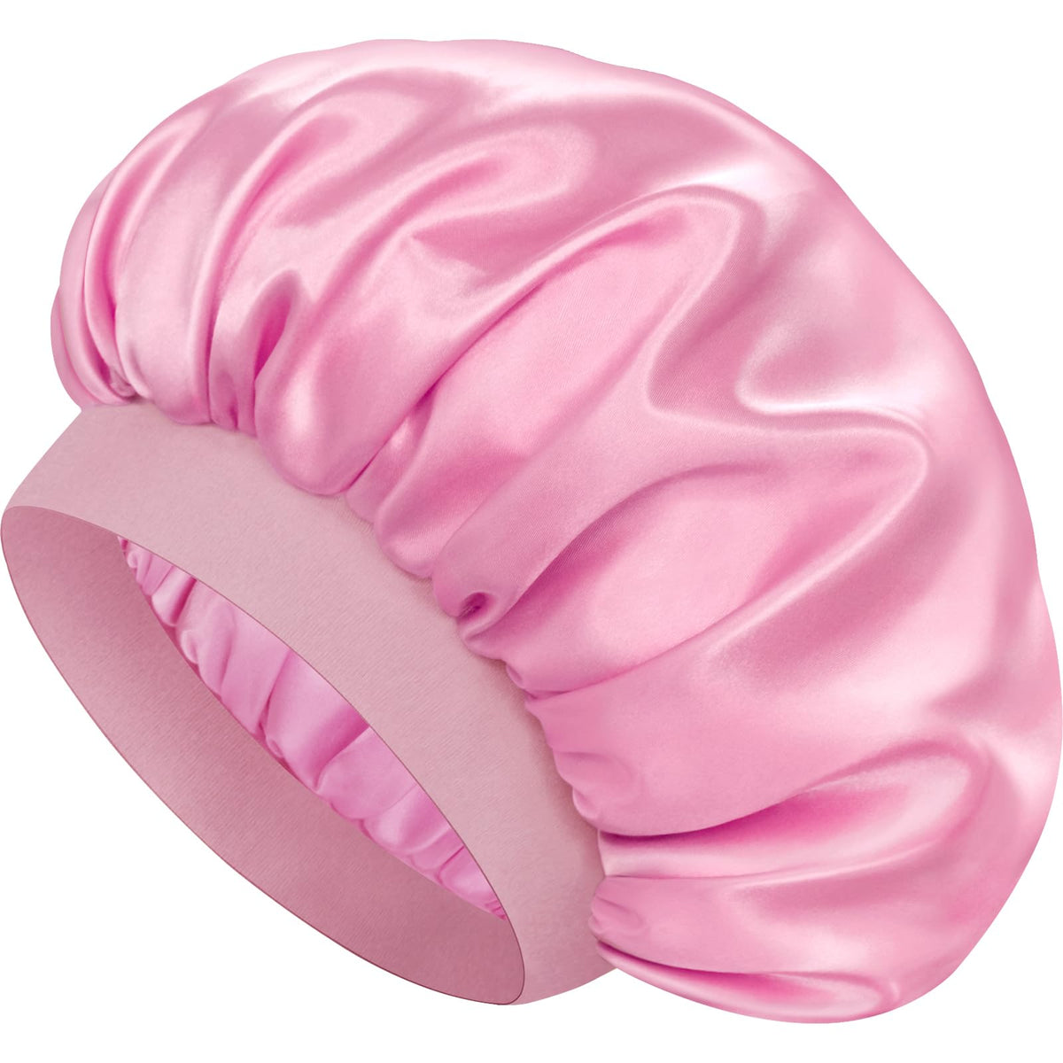 Doitory pink bonnet front view shows smooth satin and secure fit benefits