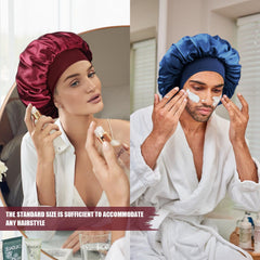 Doitory bonnet held in hand for scale showing roomy 14-inch diameter for voluminous hair