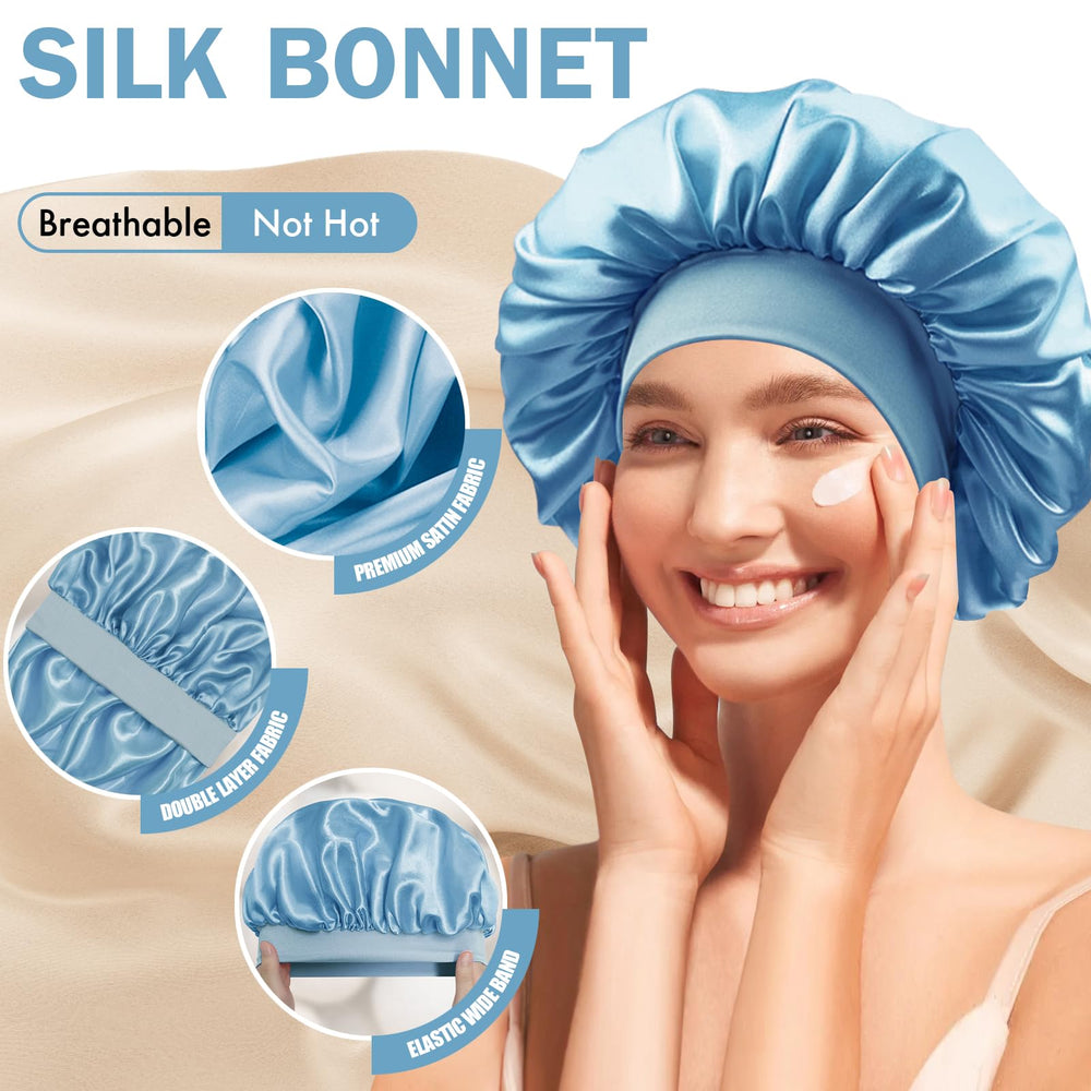 Doitory bonnet elastic band detail shows wider band benefit: comfortable secure fit