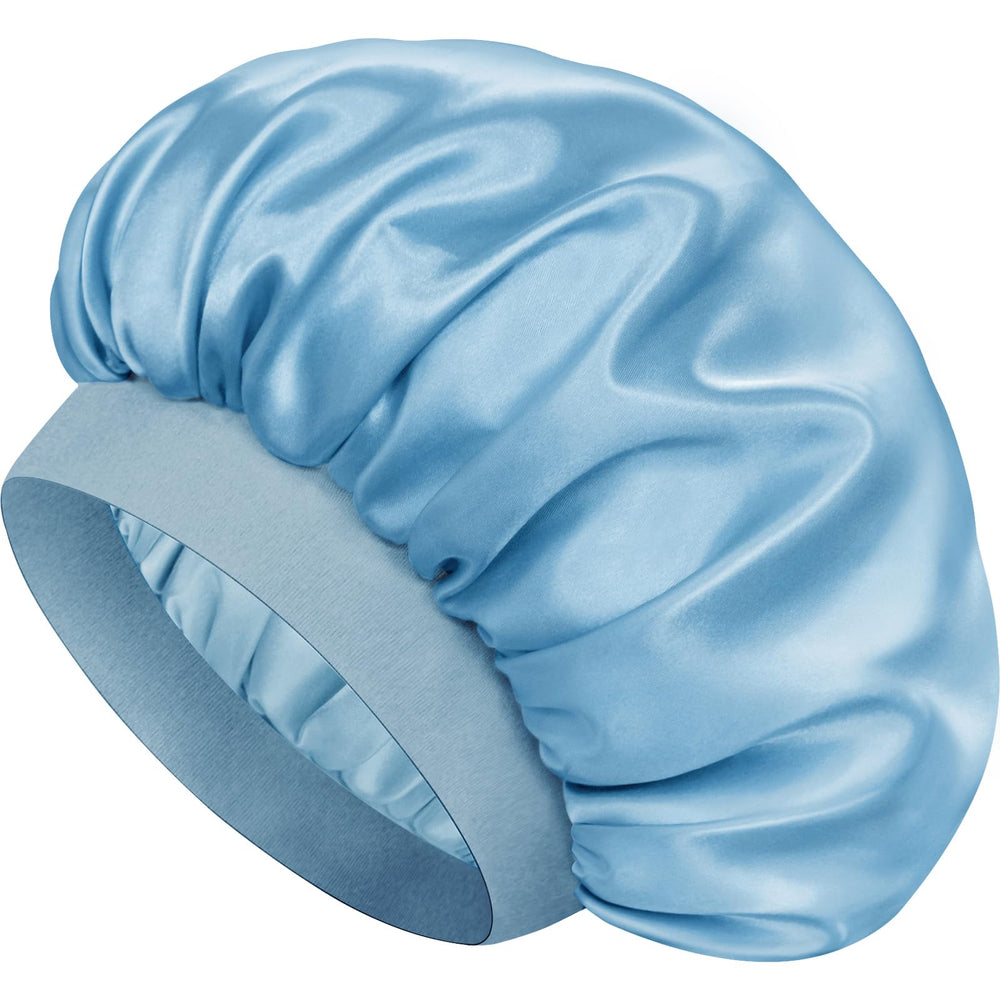 Doitory satin bonnet front view shows smooth finish and Light Blue color benefit: protects hair