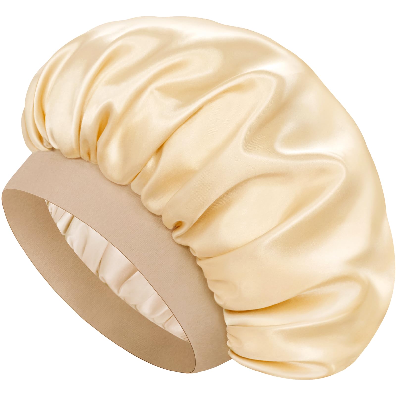 Doitory satin bonnet front view showing neat fit and champagne color benefit preserves hairstyles
