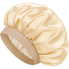 Doitory satin bonnet front view showing neat fit and champagne color benefit preserves hairstyles