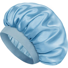 Doitory satin bonnet front view shows smooth finish and Light Blue color benefit: protects hair