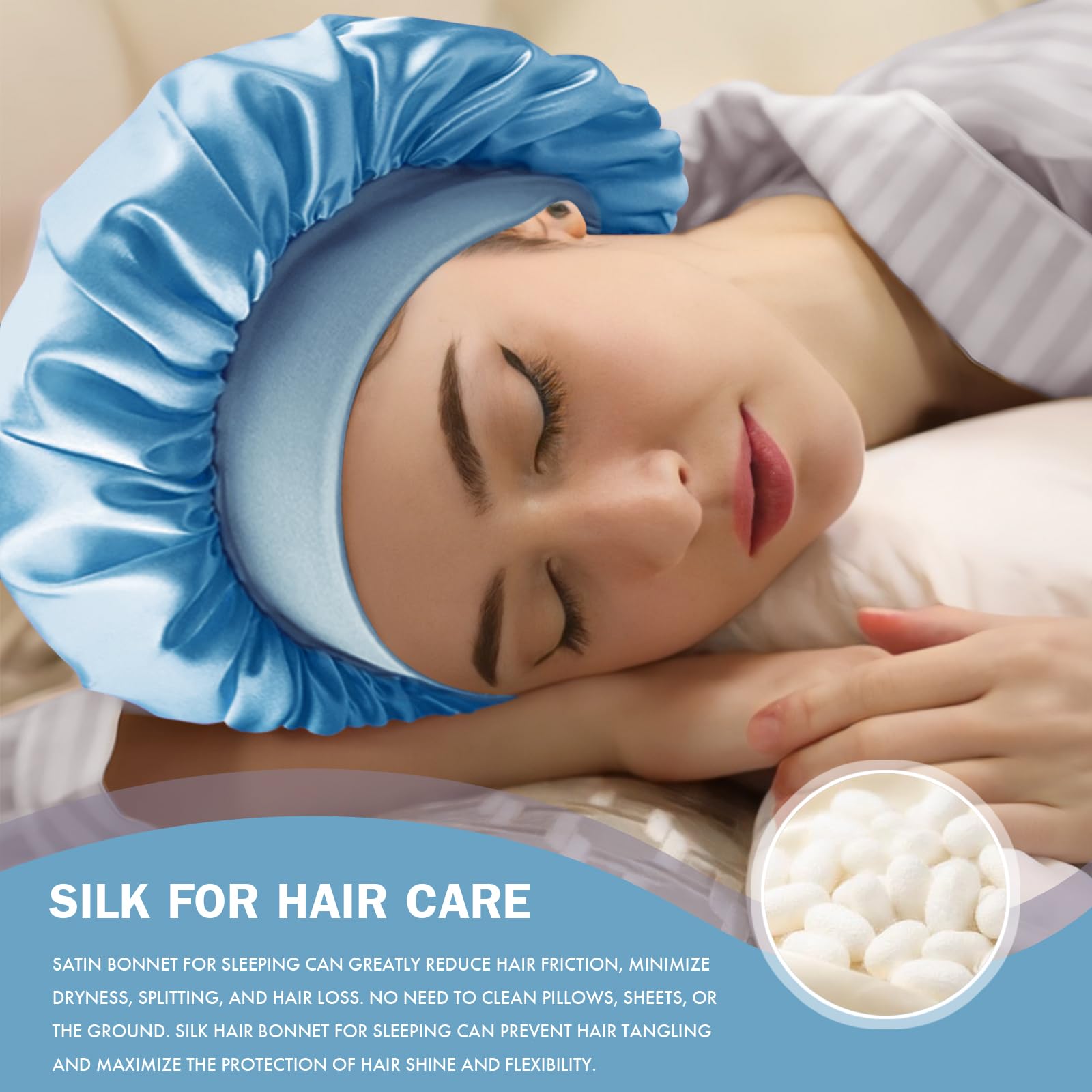 Doitory bonnet on model sleeping demonstrates overnight protection benefit: preserves style