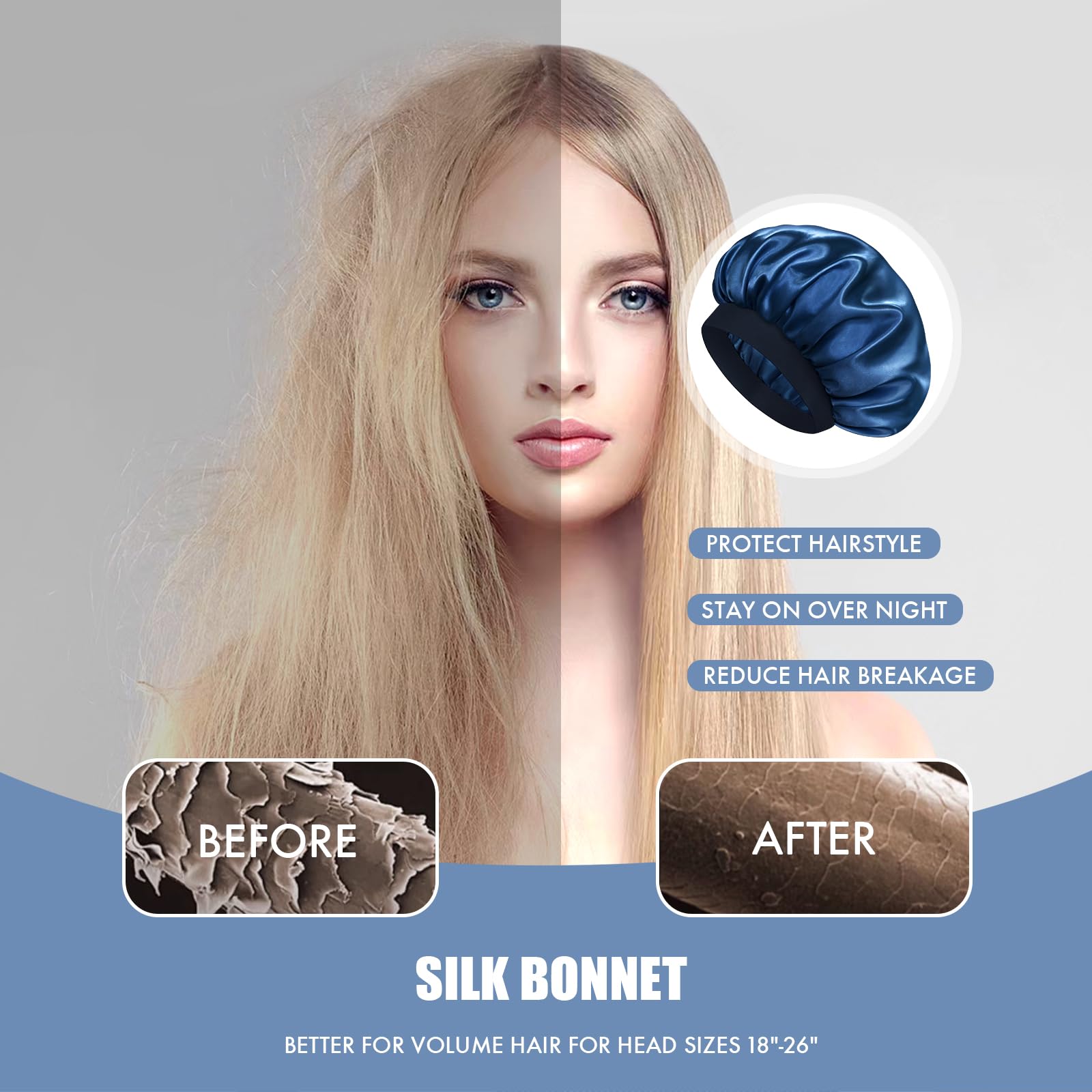 Doitory bonnet beside ruler indicating 14-inch diameter for roomy hair coverage