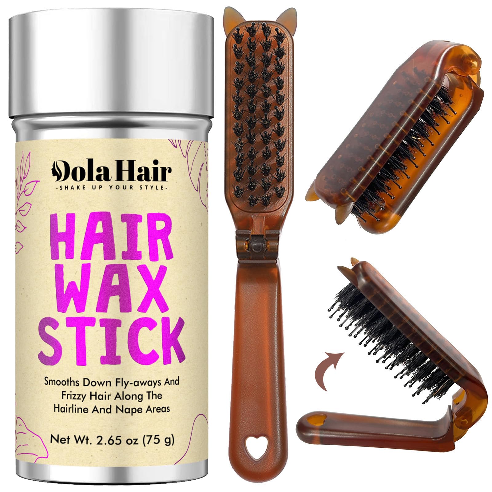 dolahair front packaging showing travel wax stick and smoothing brush benefit portability