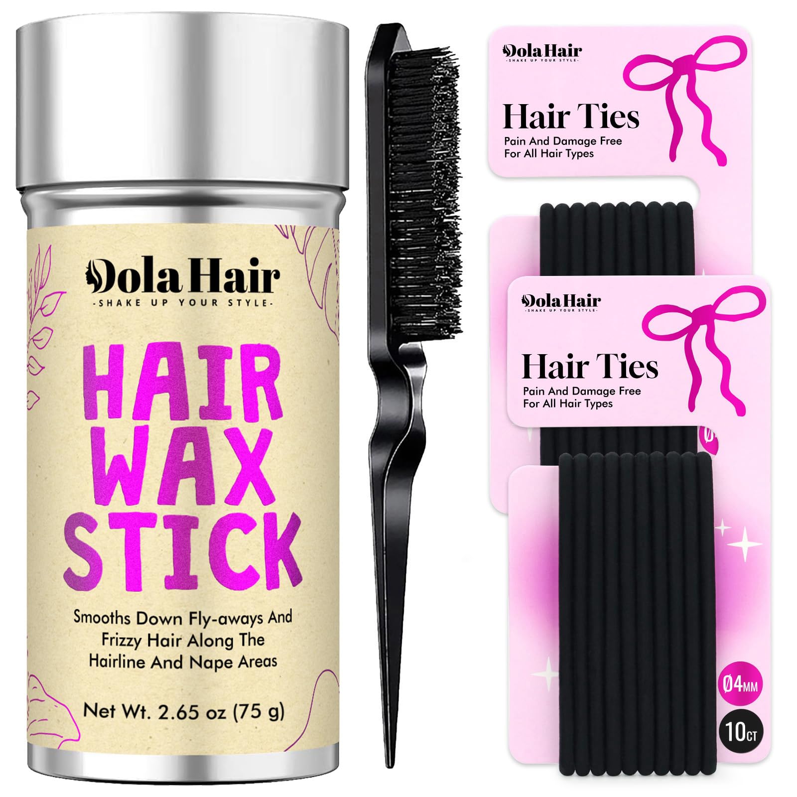 Dolahair front packaging showing wax stick, brush and ties for tidy styling