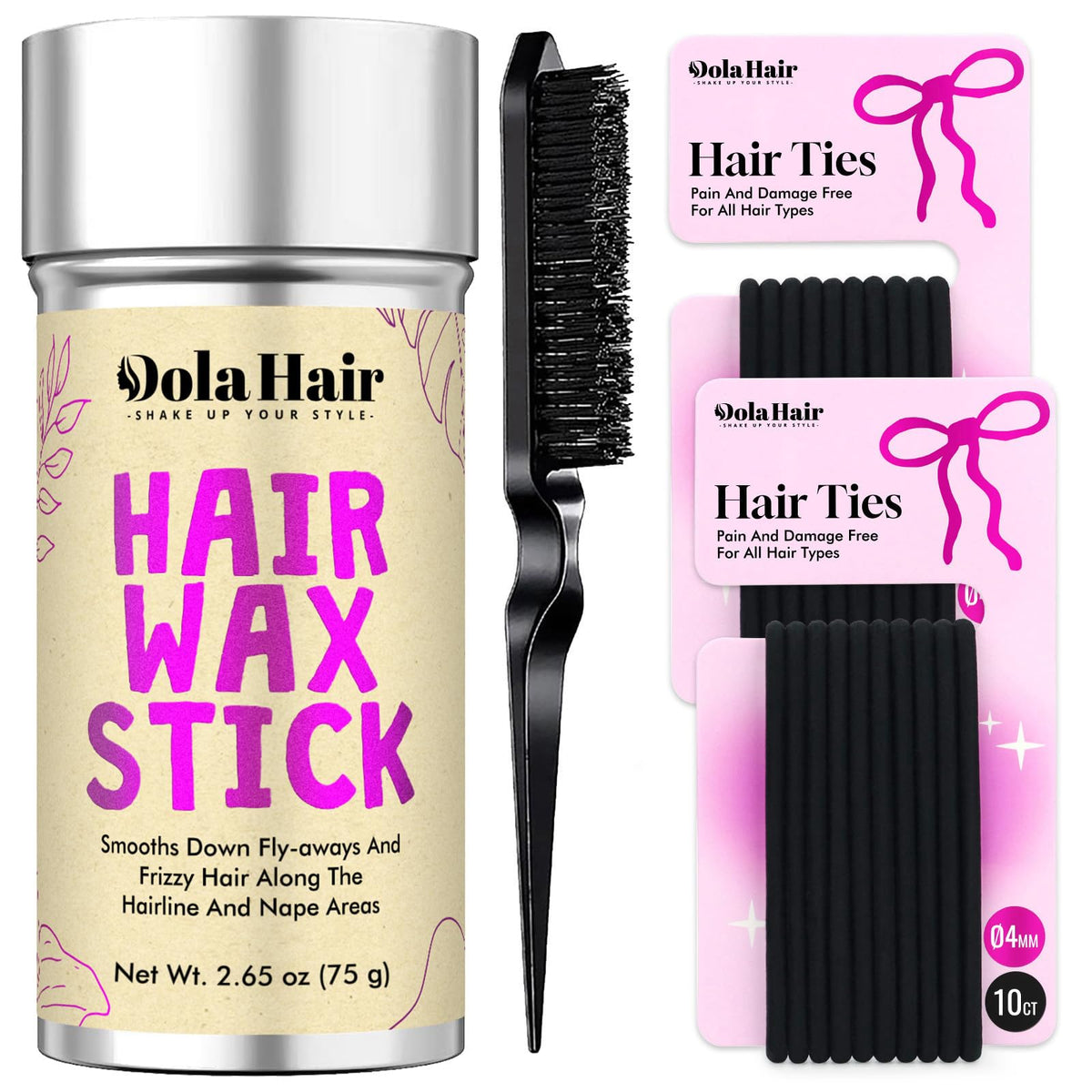 Dolahair front packaging showing wax stick, brush and ties for tidy styling