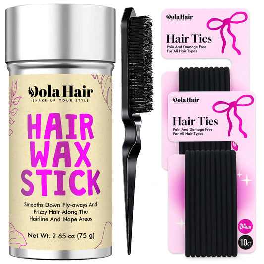Dolahair front packaging showing wax stick, brush and ties for tidy styling