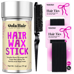 Dolahair front packaging showing wax stick, brush and ties for tidy styling