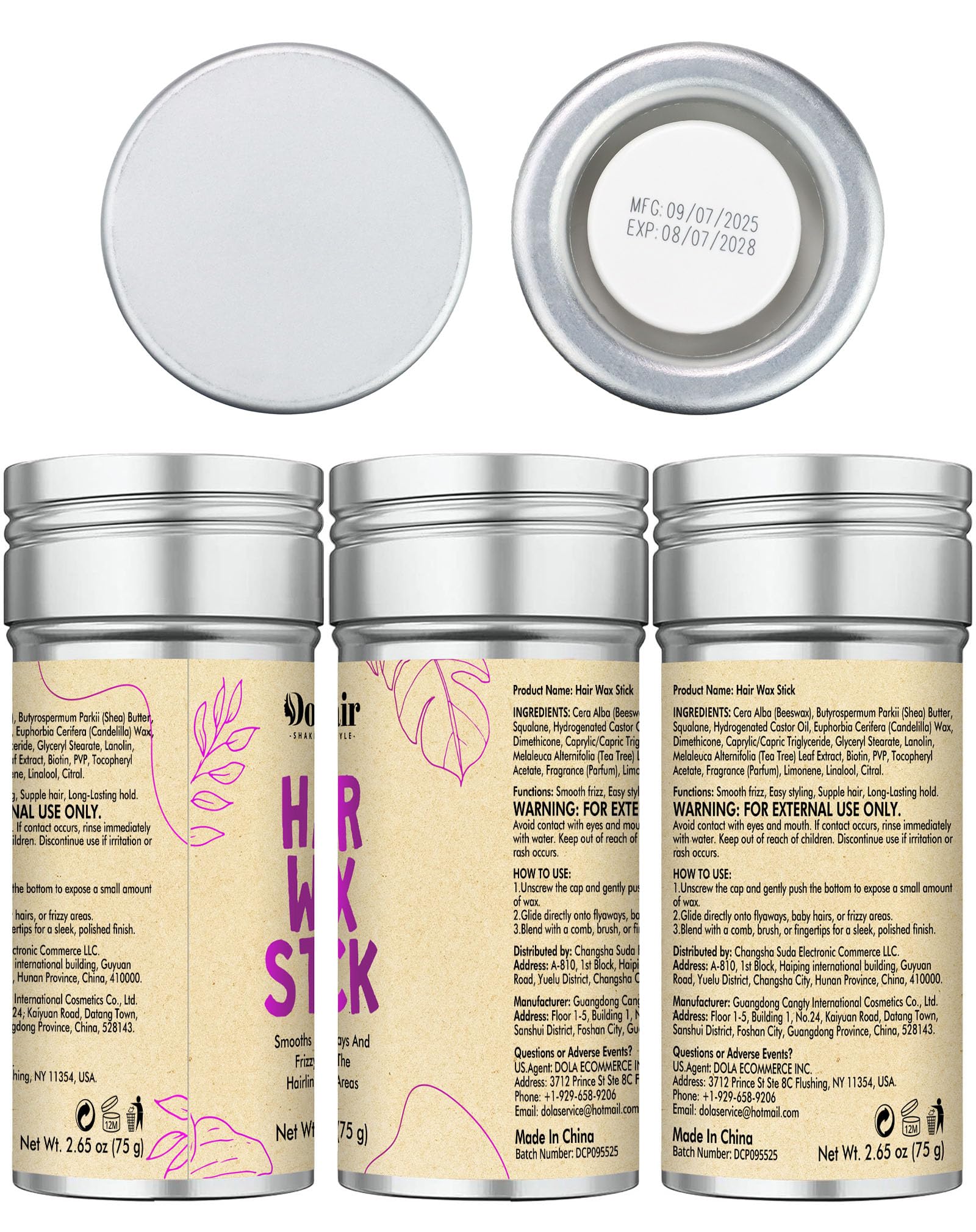 Dolahair label view with usage directions and ingredient notes