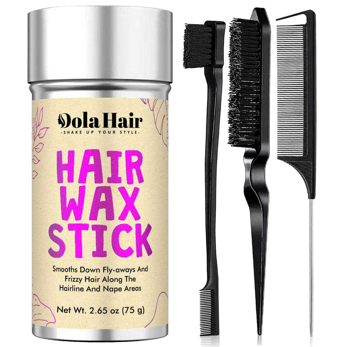 Dolahair wax stick front packaging showing product and benefit of neat styling