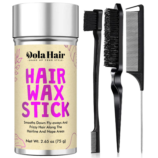 Dolahair wax stick front packaging showing product and benefit of neat styling