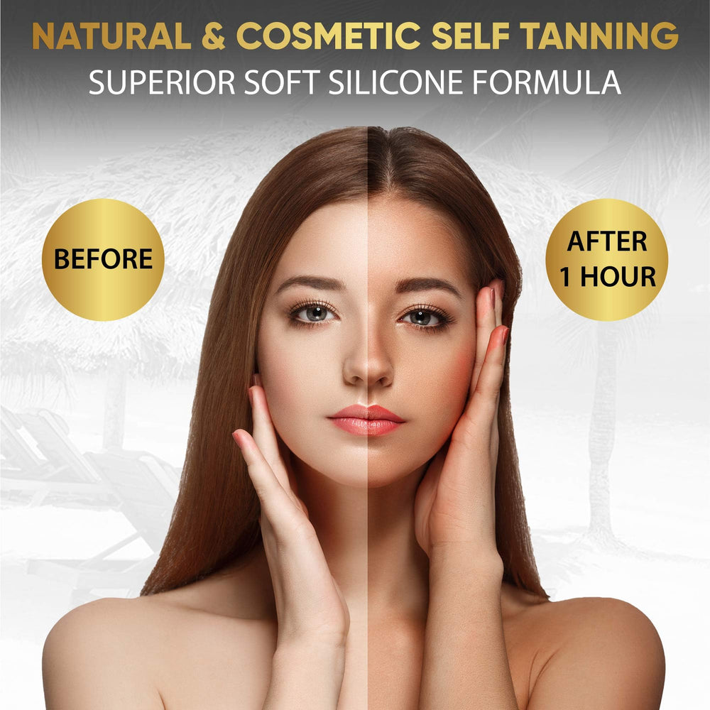 Dolce Black swatch on arm showing deep bronzing result and natural-looking color