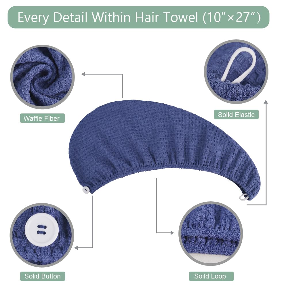 Dolwis turban wrapped on wet hair demonstrating secure, hands-free drying