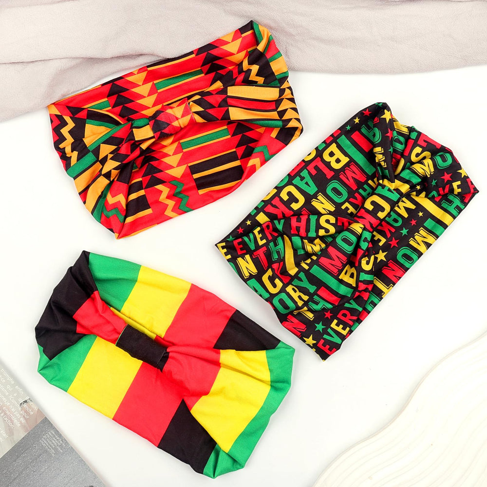Doneace three headbands stacked to display red yellow black green coordination