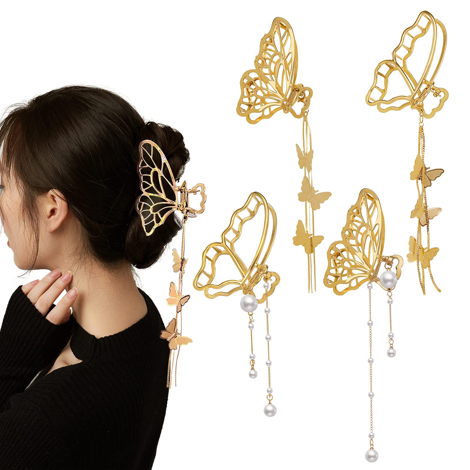 DonLeeving front view of four gold butterfly clips showing assortment and style benefits