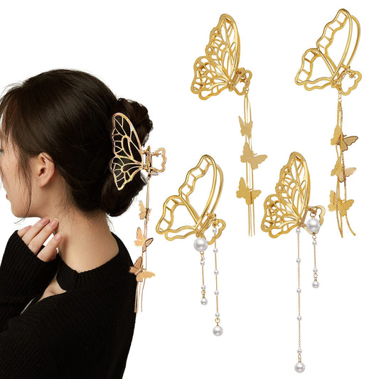 DonLeeving front view of four gold butterfly clips showing assortment and style benefits