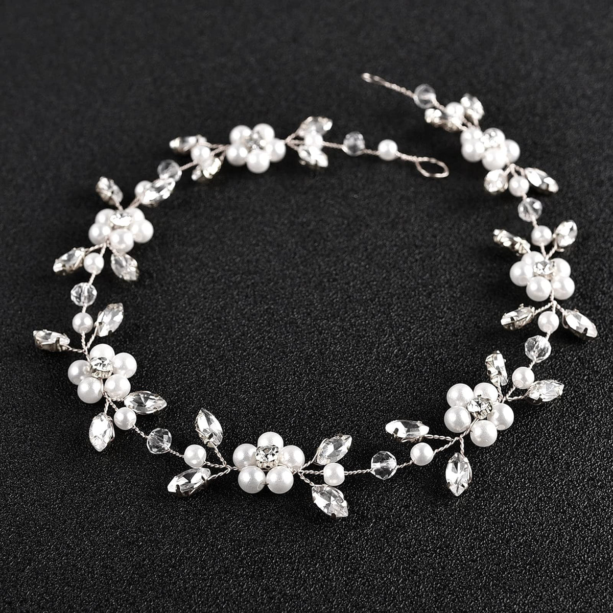 DonLeeving front view headband showing elegant pearls and rhinestones