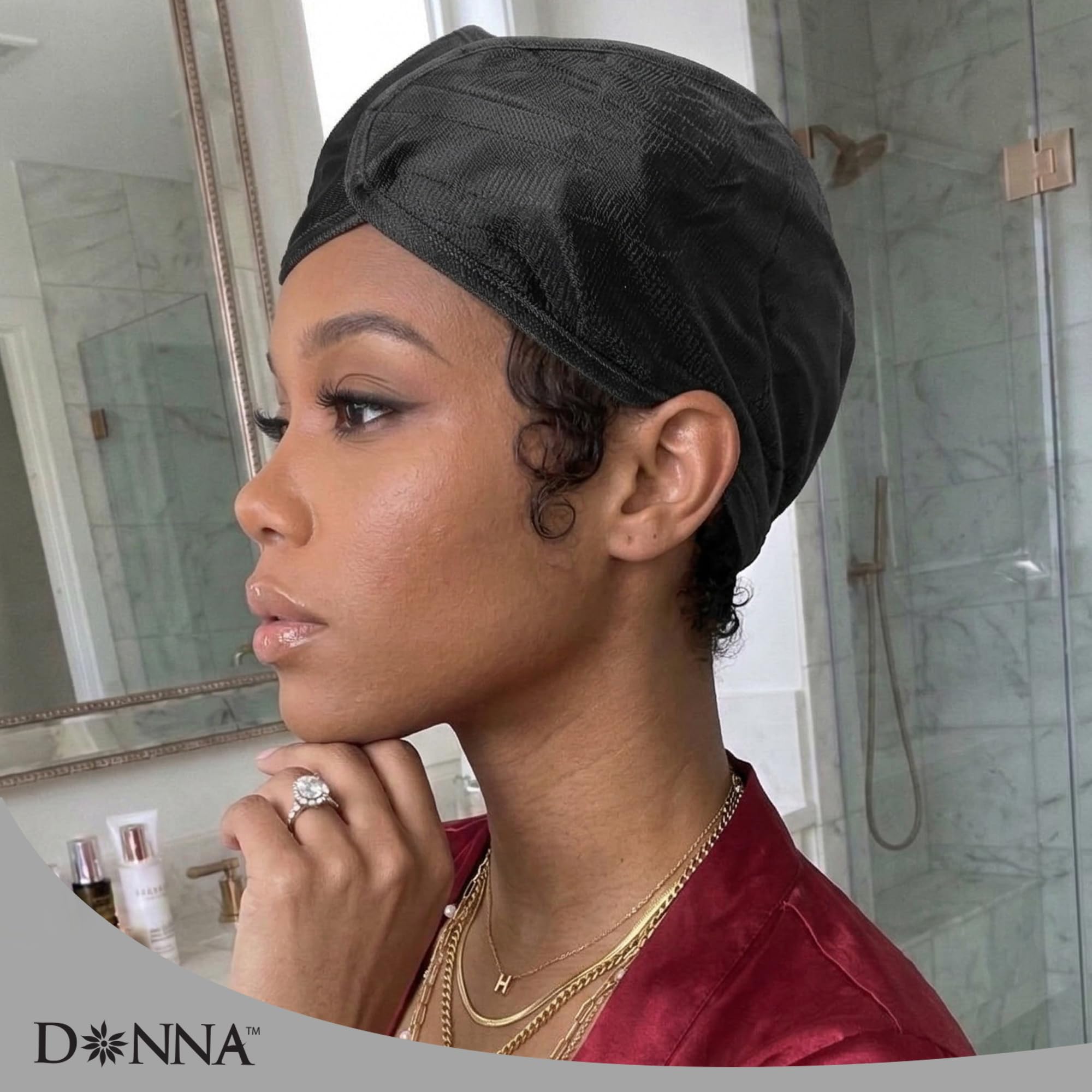DONNA before-and-after styling image showing smoothed, salon-fresh pixie