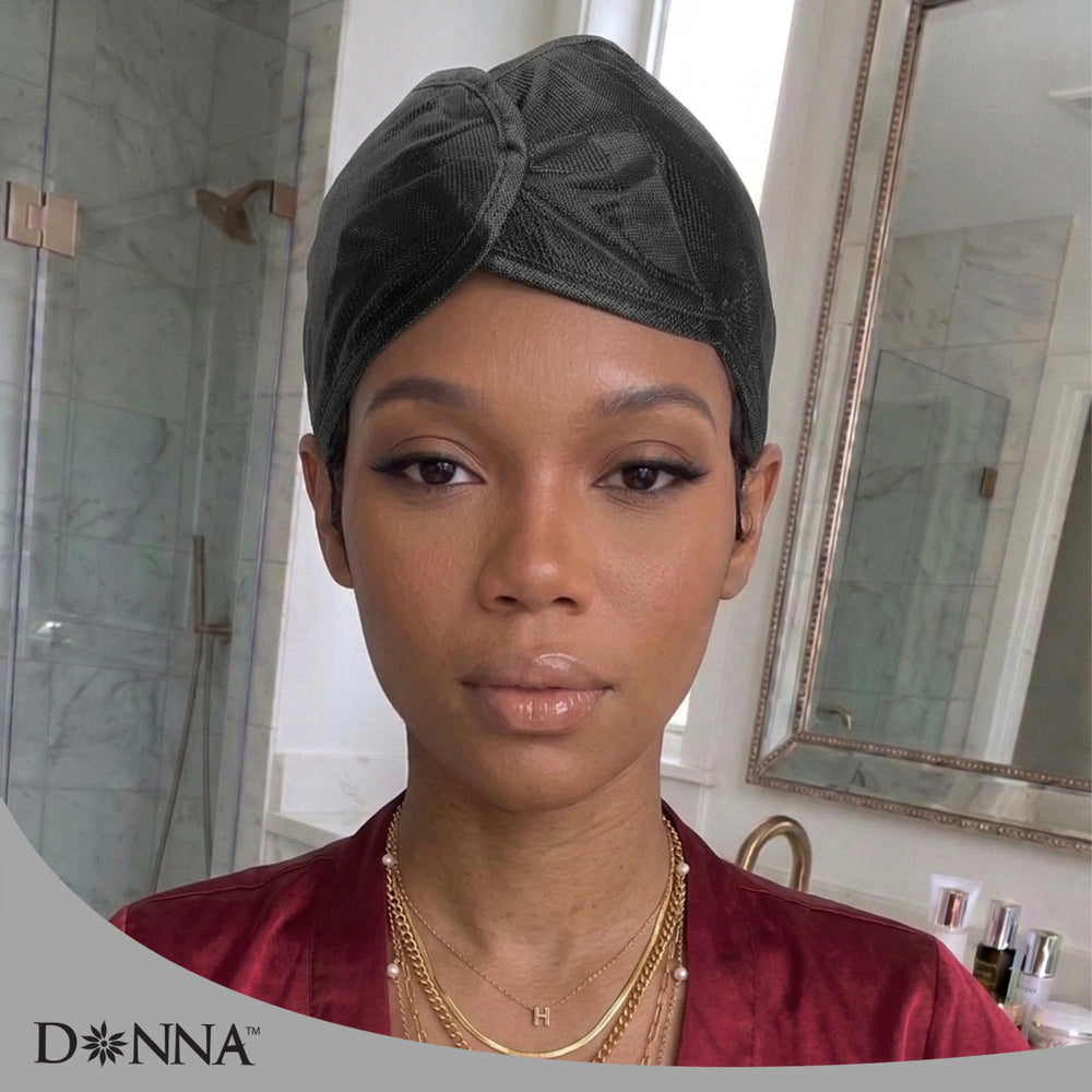 DONNA wrap on pillow in bedroom setting showing nighttime hair protection