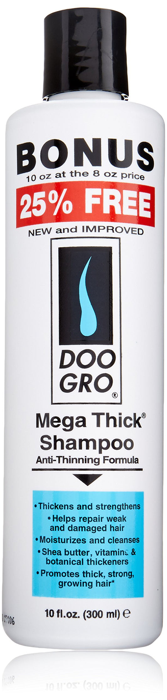 DOO GRO front bottle shot showing 10 oz shampoo and fuller-looking hair benefit
