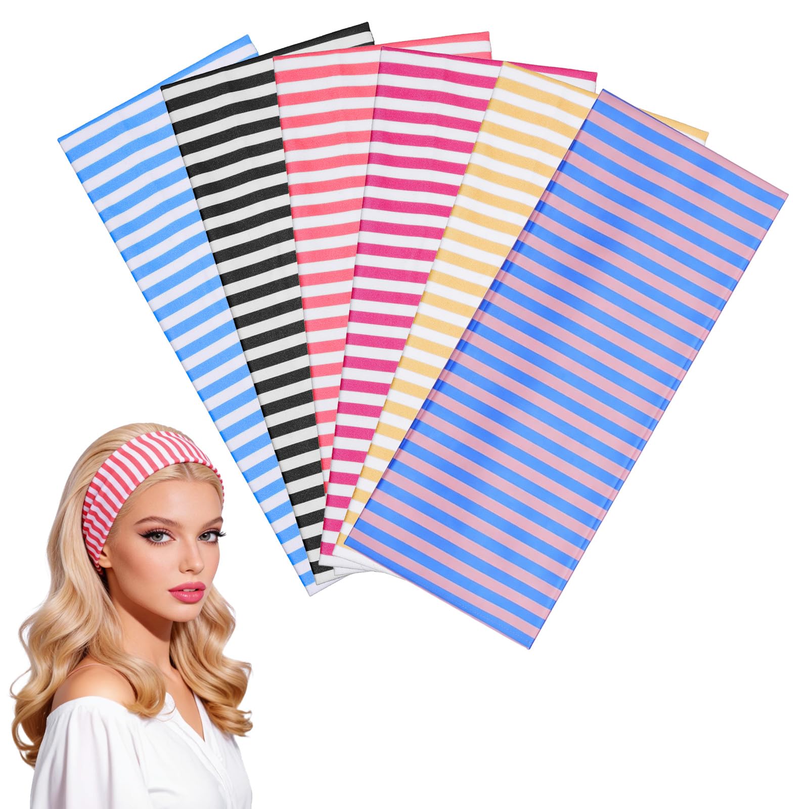 DOPENSPI front view of six striped headbands showing colors and packaging benefit sweat control