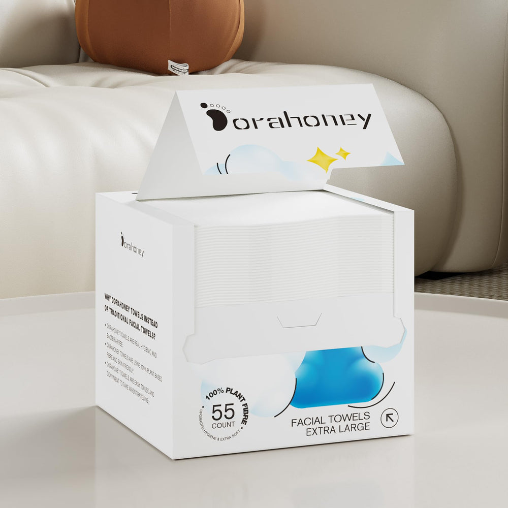 DORAHONEY towel on vanity near cleanser, lifestyle scene promoting simple skincare