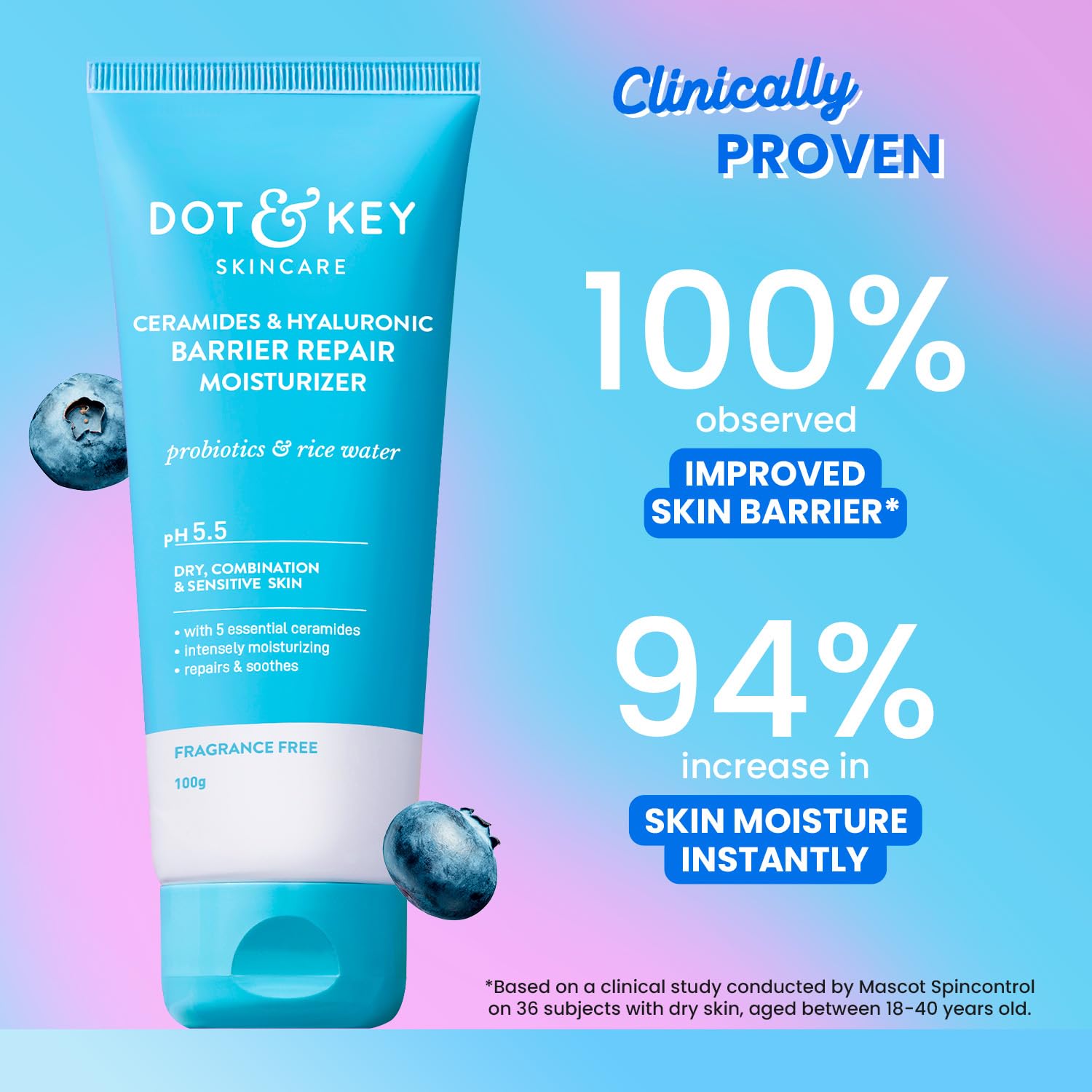 Dot & Key ingredient label close-up highlighting ceramides and hyaluronic benefits for barrier repair