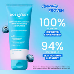 Dot & Key ingredient label close-up highlighting ceramides and hyaluronic benefits for barrier repair