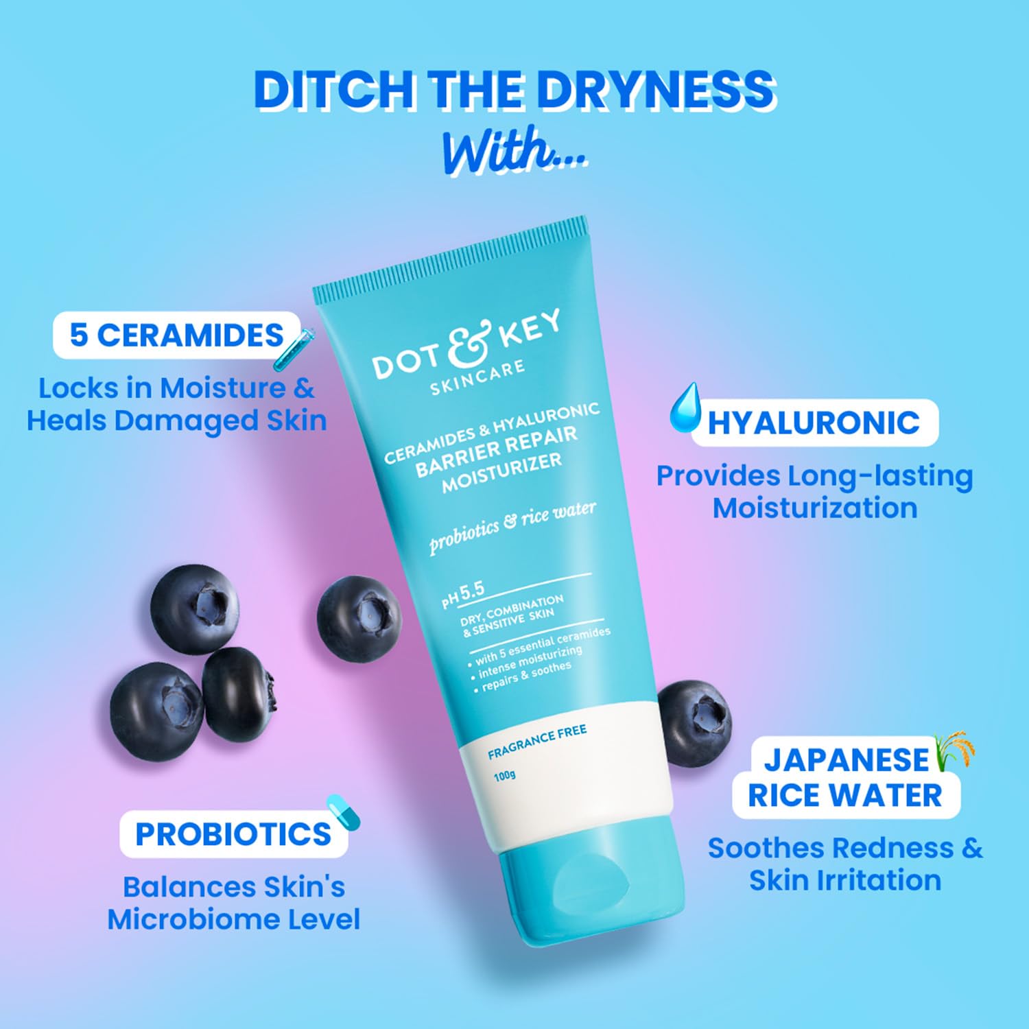 Dot & Key jar open with cosmetic spoon showing hygienic scoop and hygienic use benefit
