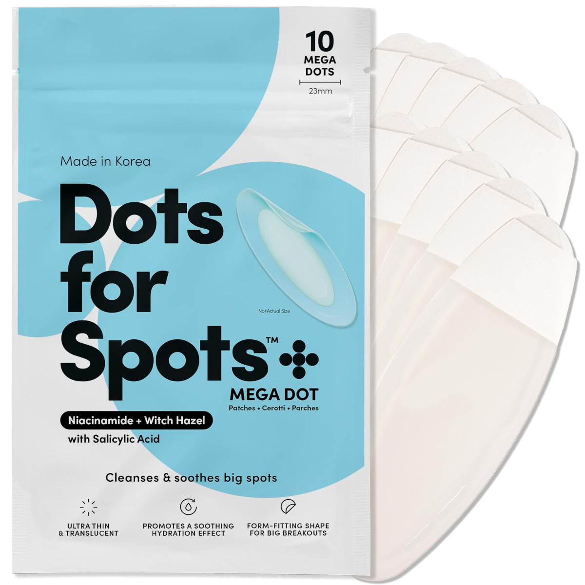 Dots for Spots front packaging showing box and patch benefits