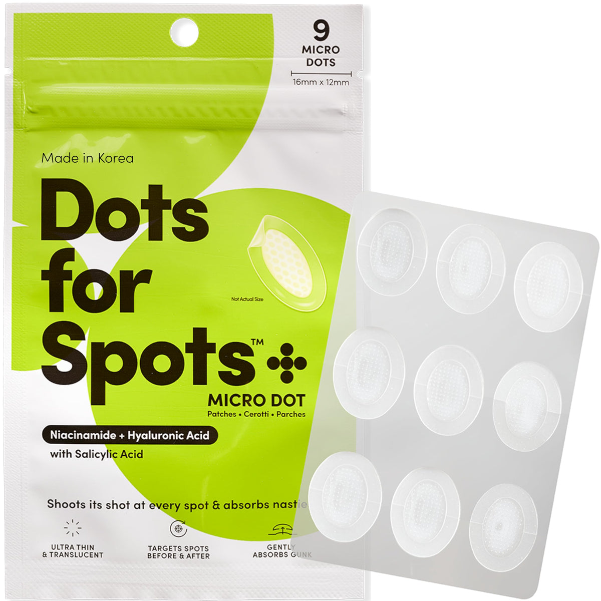 Dots for Spots front packaging showing 9-count box and branding for quick identification