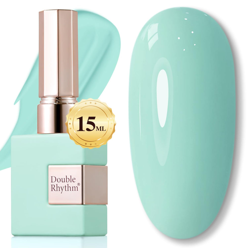 Double Rhythm front bottle showing light blue polish and compact 15ml size for easy storage