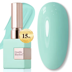 Double Rhythm front bottle showing light blue polish and compact 15ml size for easy storage