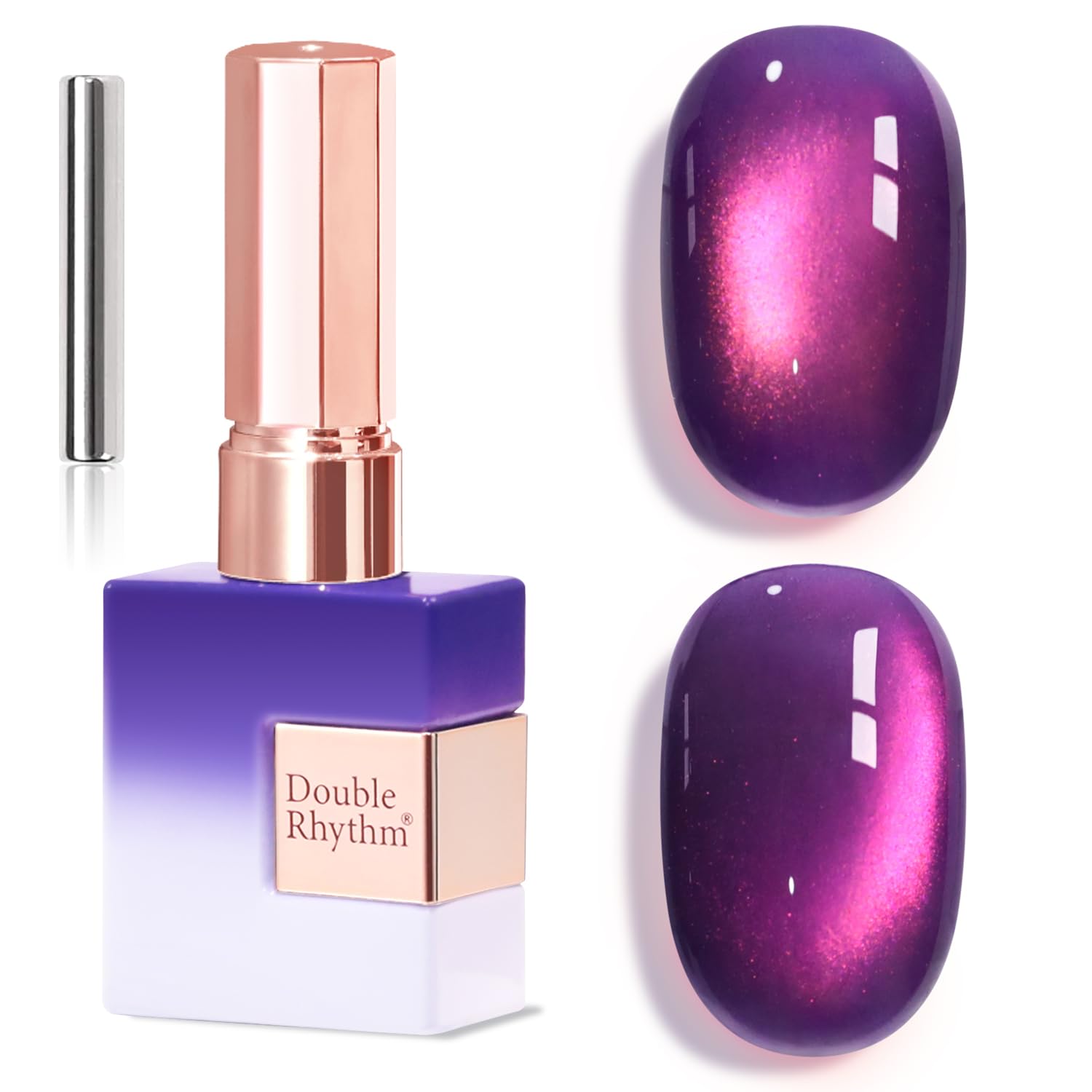 Double Rhythm bottle front view showing amethyst shimmer and clear labeling, polished look