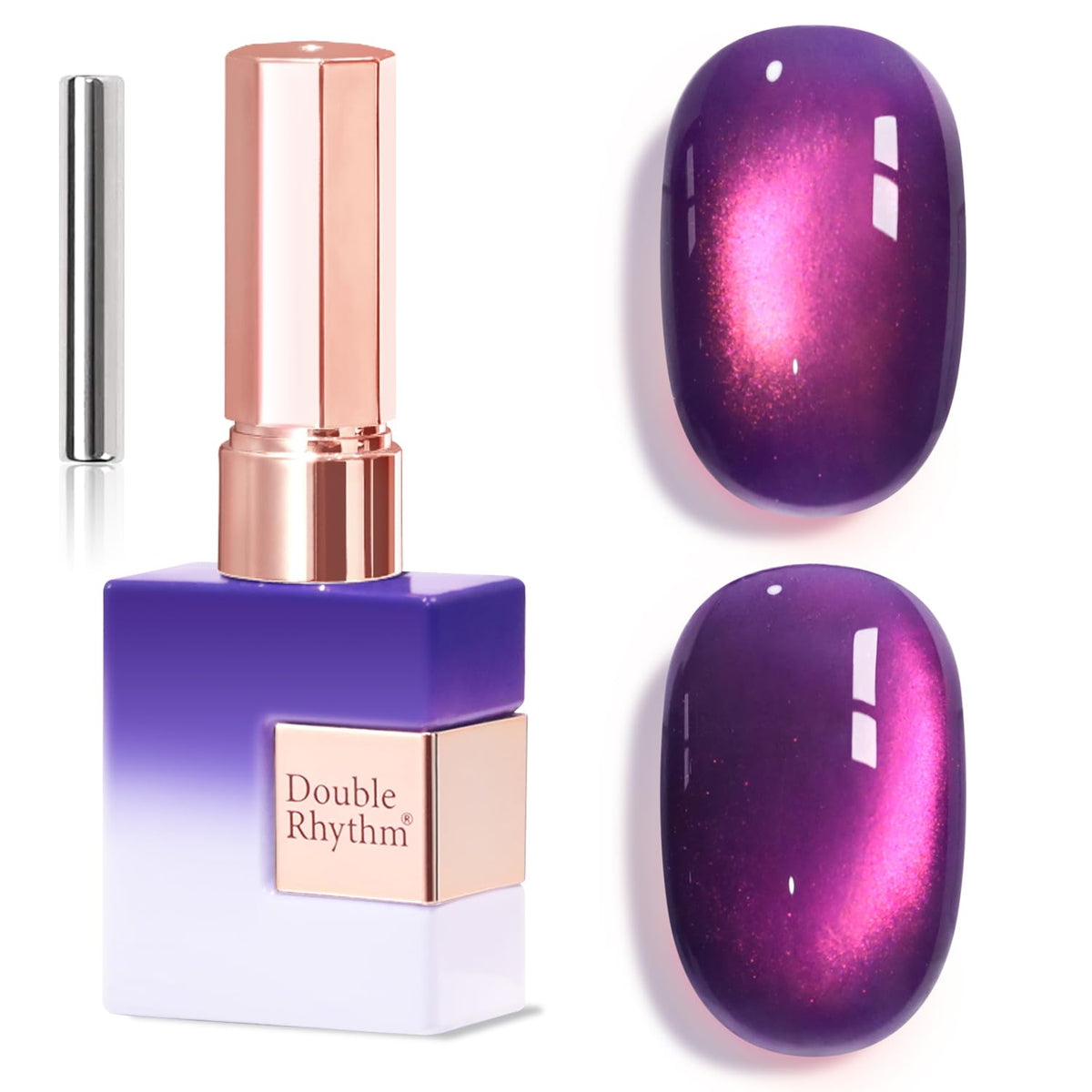 Double Rhythm bottle front view showing amethyst shimmer and clear labeling, polished look