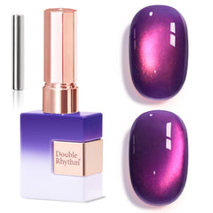 Double Rhythm bottle front view showing amethyst shimmer and clear labeling, polished look