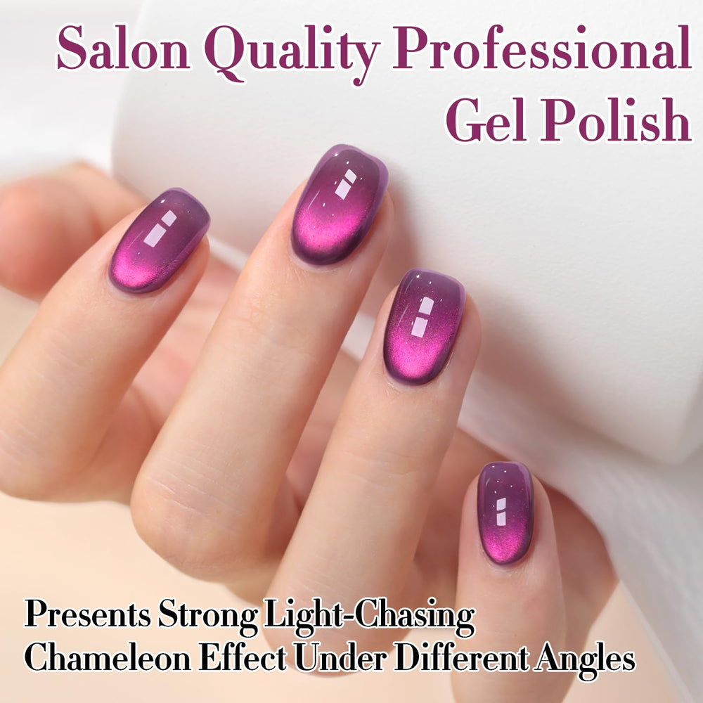 Lifestyle manicure scene with Double Rhythm amethyst nails on a model, salon-feel at home