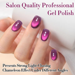 Lifestyle manicure scene with Double Rhythm amethyst nails on a model, salon-feel at home