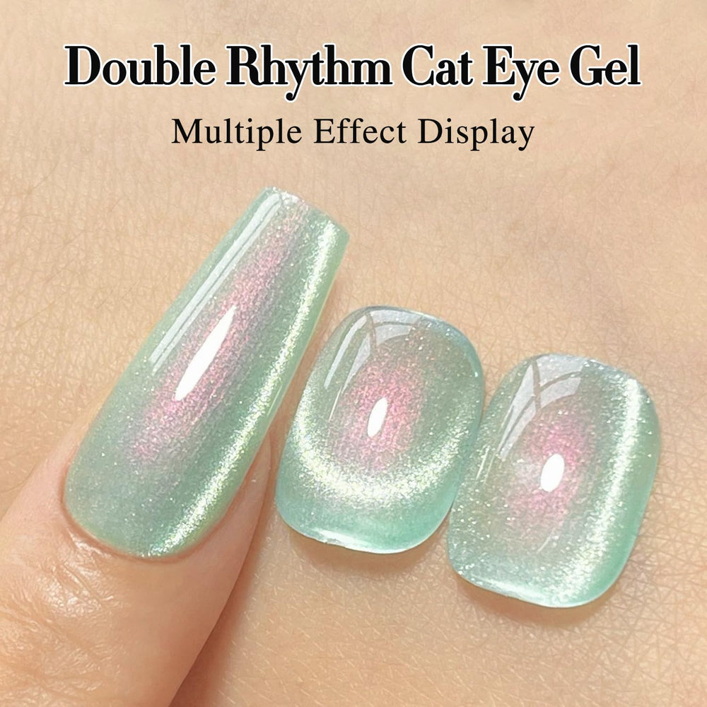 Double Rhythm application on nail tip showing glossy cat eye effect and finish