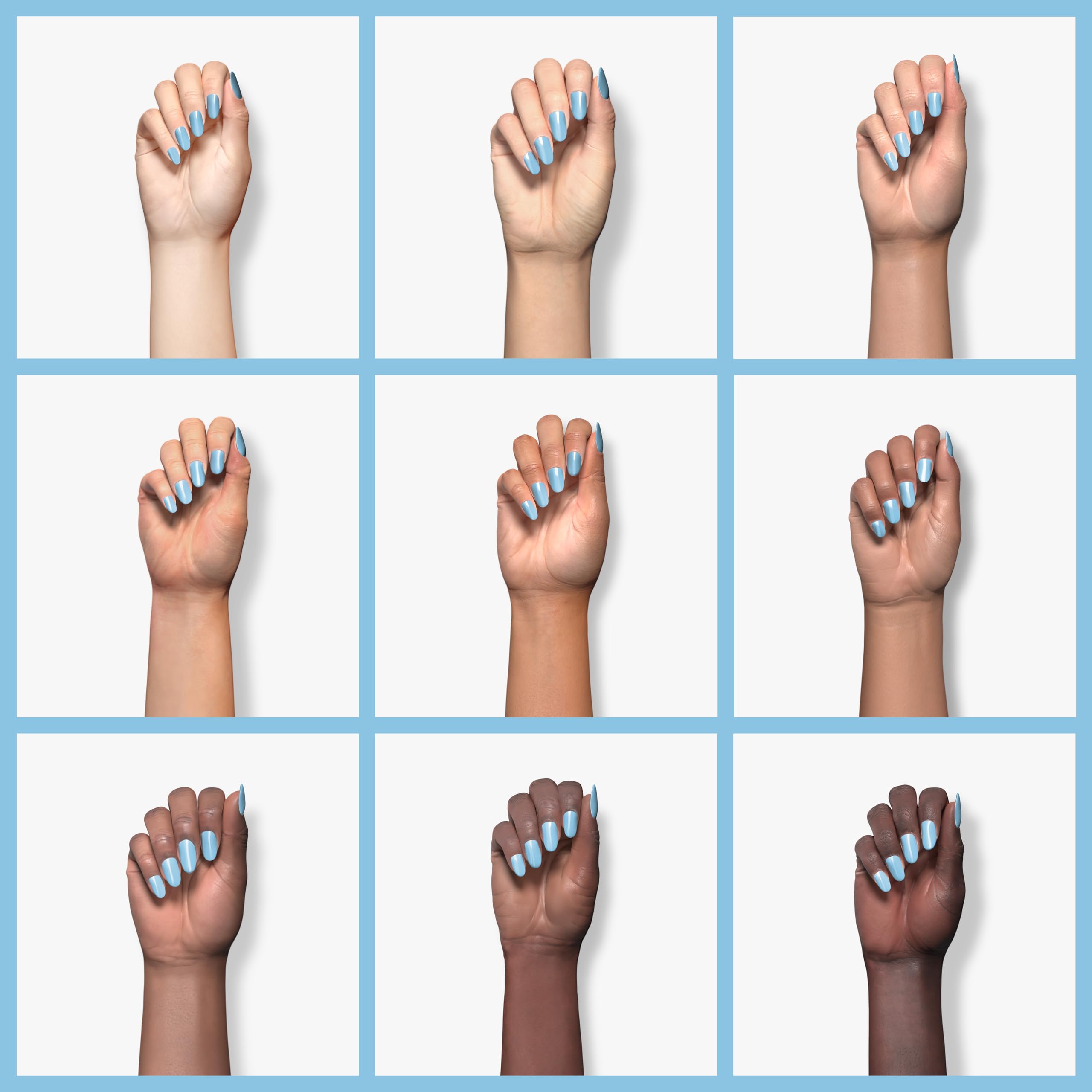 Double Rhythm painted nail tip in light blue demonstrating sheer color effect